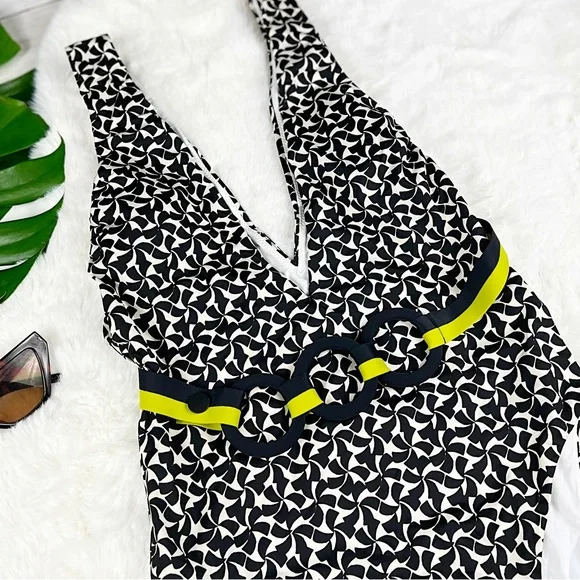 NEW Sz Medium La Perla Black White Printed Summer Winds Plunge One Piece Bikini - Picture 3 of 9